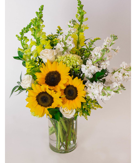 locally-grown sunflowers are paired with beautiful yellow and ivory blooms including snapdragons, stock, roses, mini green hydrangea in a tall cylinder glass vase