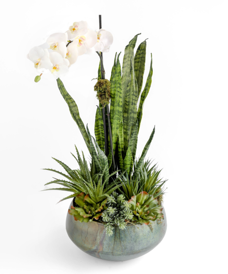 This deluxe handcrafted silk plant garden is designed to be enjoyed as a forever gift or decor piece in the home. The plants in this planter are comprised of 100% silk.