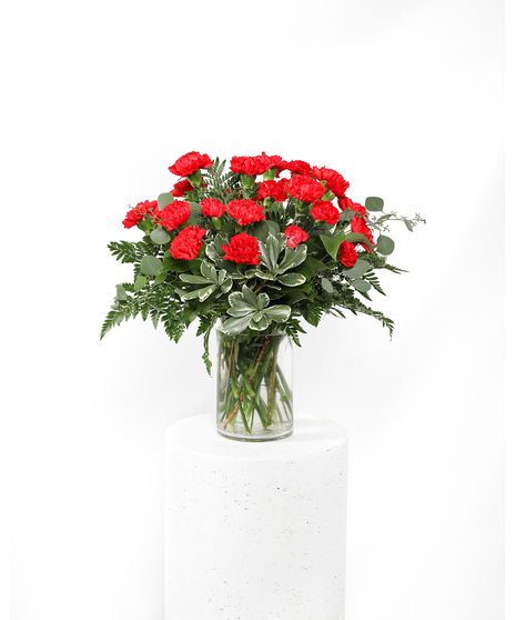 Share your condolences to the dearly departed's family and loved ones. The Devotion Arrangement is filled with red carnations that symbolize deep love and affection.