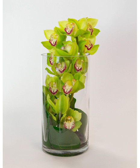 We carefully place an elegant cymbidium orchid stem with a monstera leaf on a bed of river rocks to create this serene arrangement. 