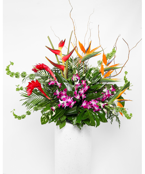 This arrangement of luscious greenery and tropical flowers symbolizes the warmth you have for a loved one you have lost. 