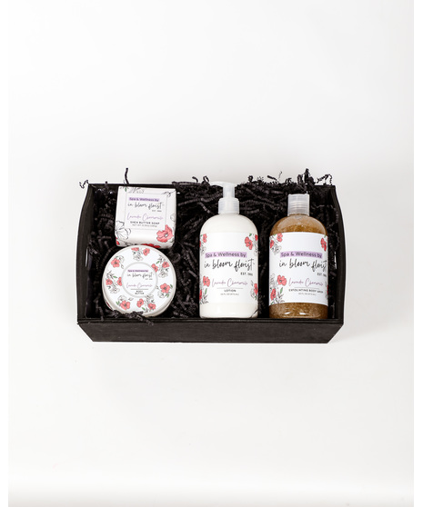 Our baskets include a mix of lavender chamomile scented soap, body wash, body lotion, and body butter. The deluxe and premium versions include a lovely floral arrangement.