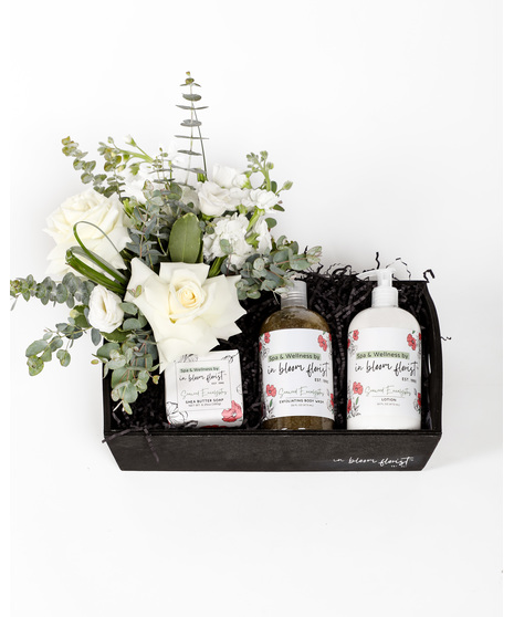 Our baskets include a mix of eucalyptus scented soap, body wash, body lotion, and body butter. The deluxe and premium versions include a lovely floral arrangement.