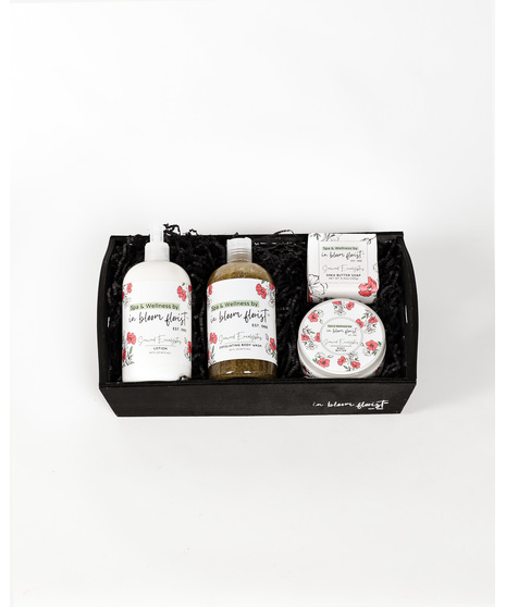 Our baskets include a mix of eucalyptus scented soap, body wash, body lotion, and body butter. The deluxe and premium versions include a lovely floral arrangement.