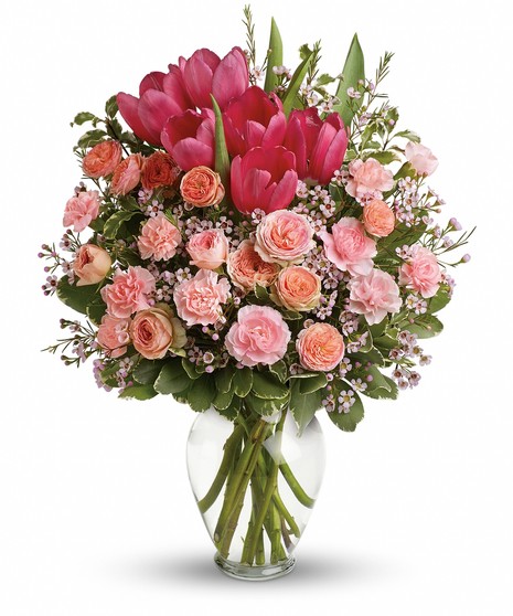 pink flower arrangement with roses, tulips, and carnations