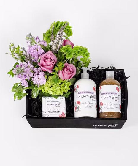 Our baskets include a mix of lavender chamomile scented soap, body wash, body lotion, and body butter. The deluxe and premium versions include a lovely floral arrangement.